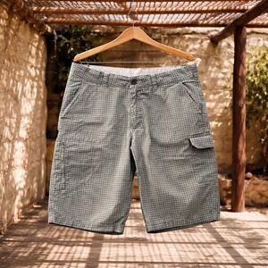 Quechua Mens Cargo Shorts Grey Check Organic Cotton Size 34 Utility Hiking
